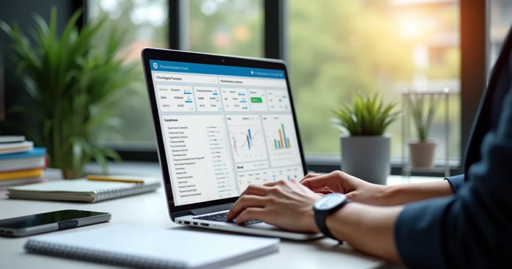 Profissional autônomo usando laptop com dashboard de software de gestão PJ em ambiente moderno de escritório