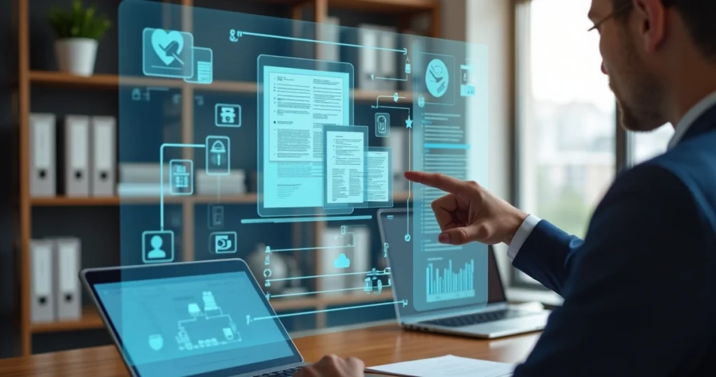 Gestor revisando contratos PJ em escritório moderno com tela digital exibindo documentos legais e fluxos de trabalho