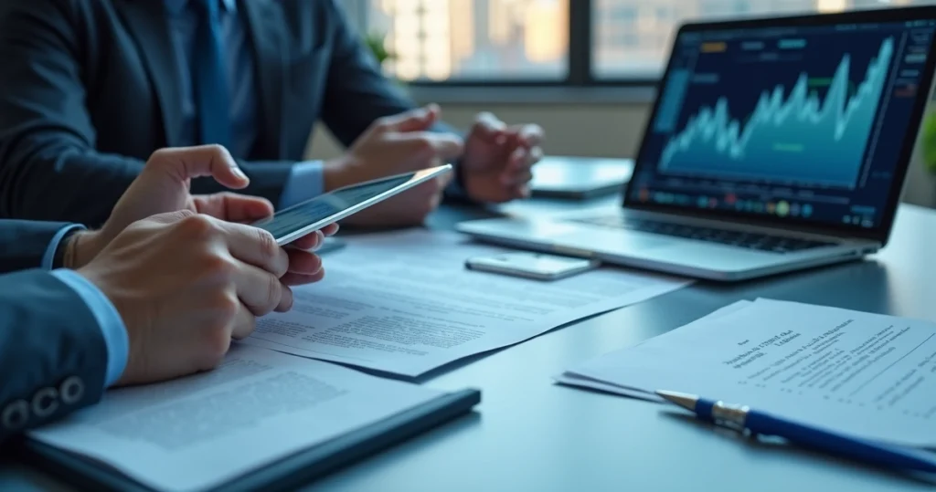Mãos organizando documentos digitais e contratos em tablet e laptop com gráficos financeiros ao fundo