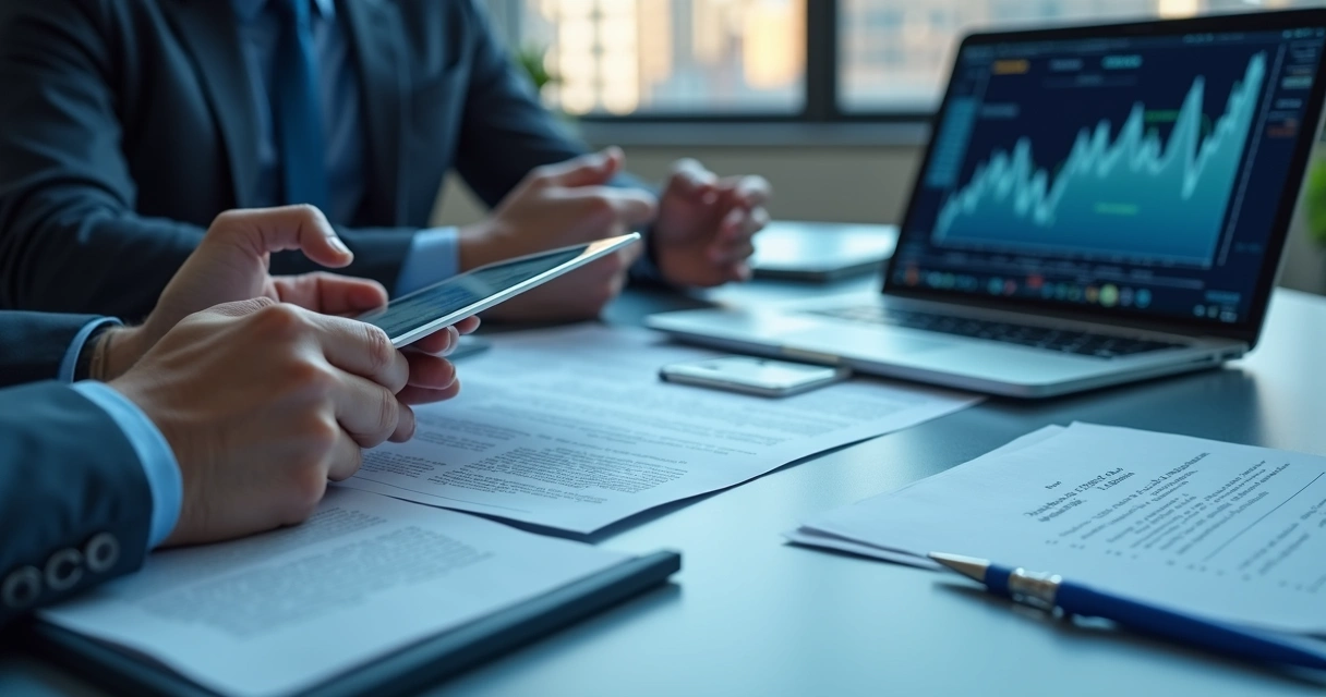 Mãos organizando documentos digitais e contratos em tablet e laptop com gráficos financeiros ao fundo