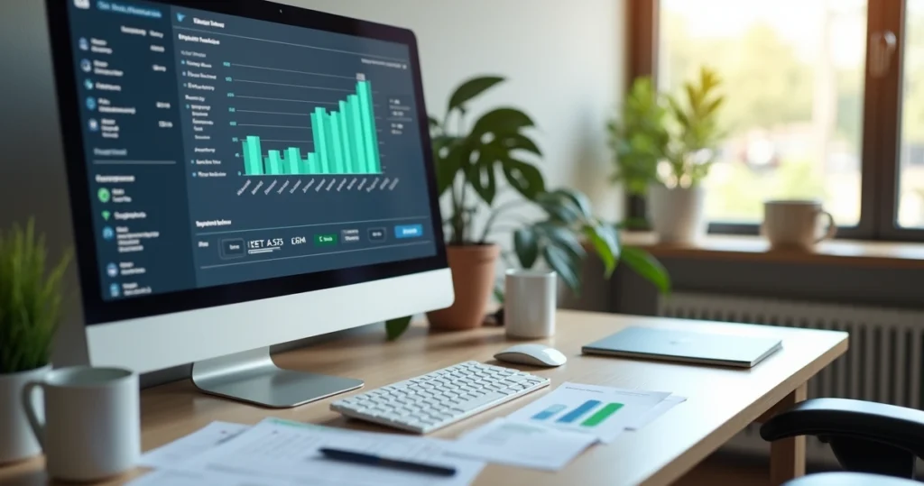 Mesa de escritório com computador exibindo sistema de gestão de notas fiscais digitais na tela, documentos fiscais impressos espalhados ao lado, café ao lado do teclado e ambiente organizado e ilumina