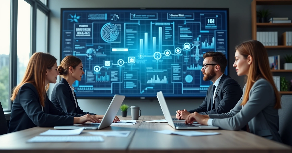 Gestores usando software para gestão de contratos e pagamentos PJ em escritório moderno