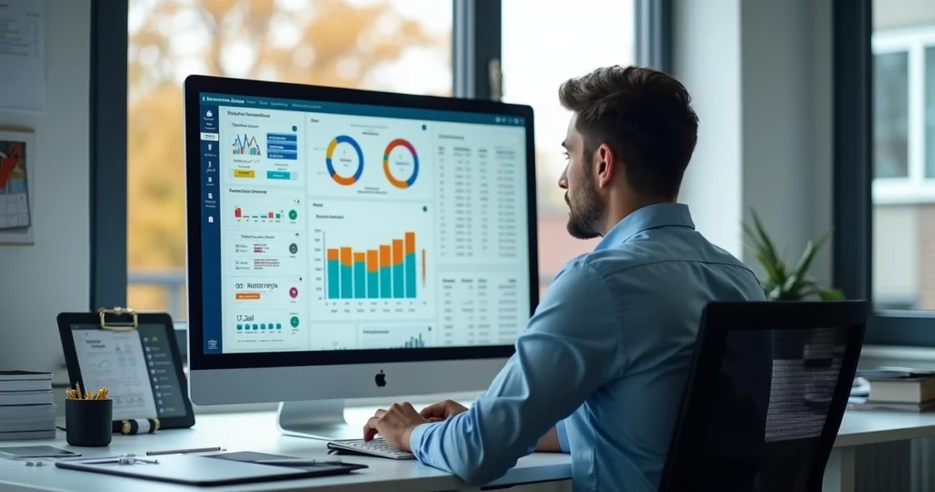Gestor analisando indicadores de RH em tela de computador com gráficos e dados financeiros detalhados
