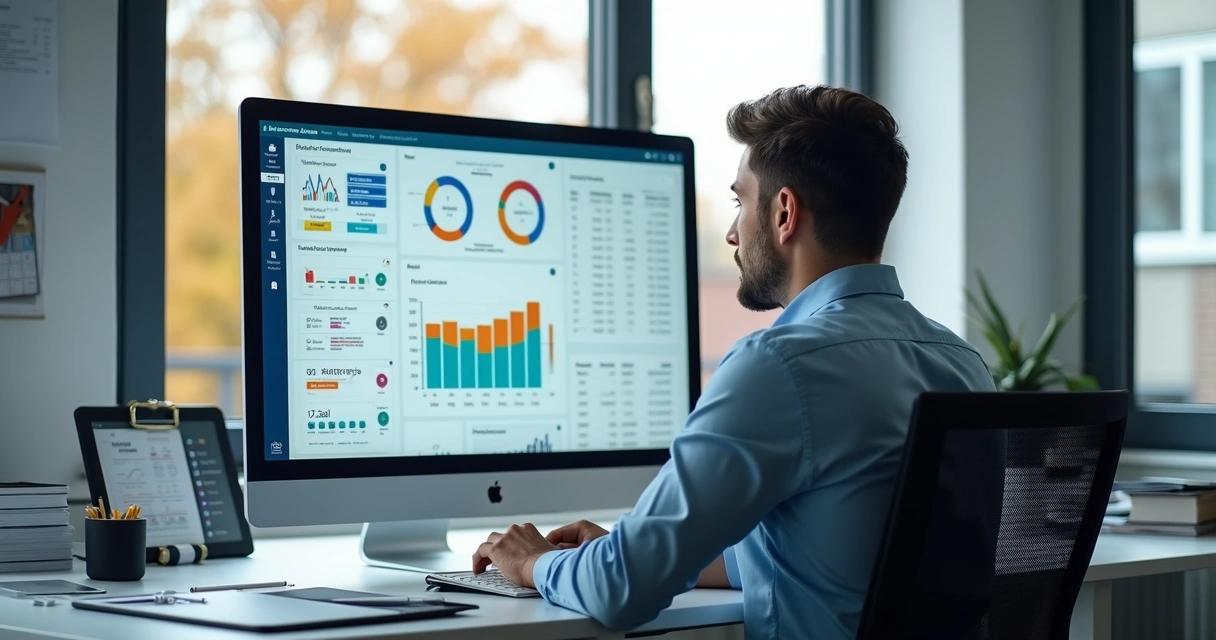 Gestor analisando indicadores de RH em tela de computador com gráficos e dados financeiros detalhados