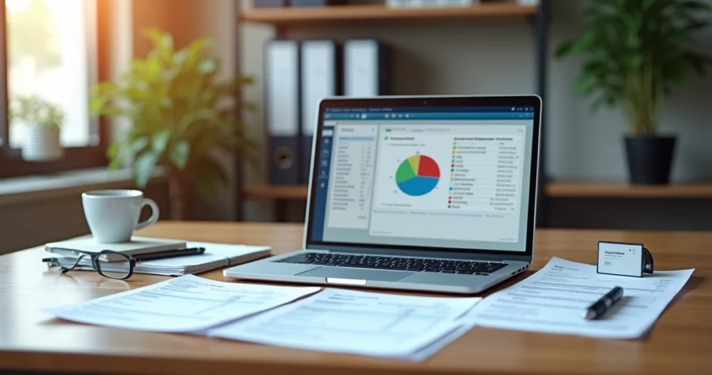 Mesa de trabalho com documentos fiscais, certificado digital e laptop aberto mostrando sistema de gestão empresarial