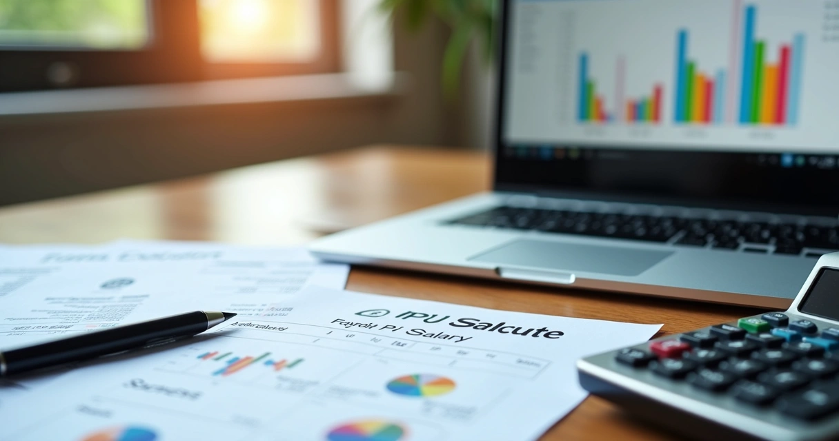 Mesa de trabalho com calculadora, notas fiscais e planilha de cálculo de salário PJ à mão, ao lado de um laptop aberto mostrando gráficos financeiros detalhados