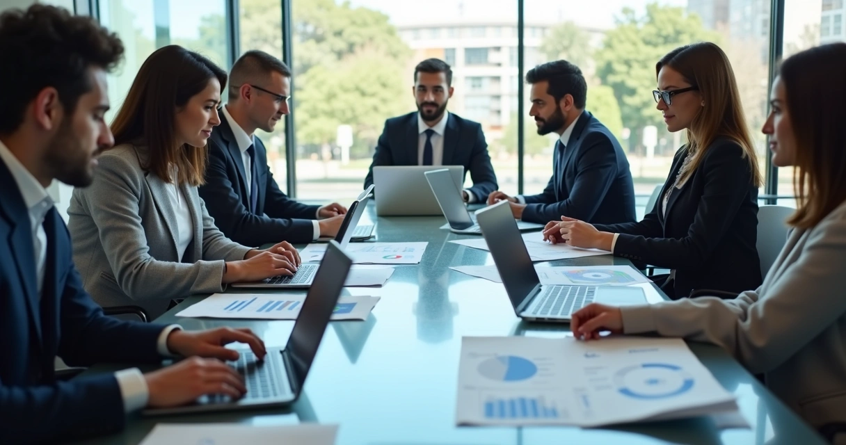 Executivos reunidos em sala moderna discutindo documentos e contratos de profissionais PJ com laptops e gráficos sobre mesa