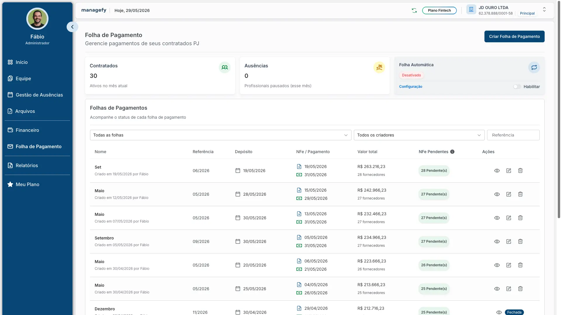 A plataforma Managefy em funcionamento